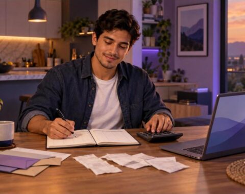 Budgeting Basics course - young man organizing his monthly budget