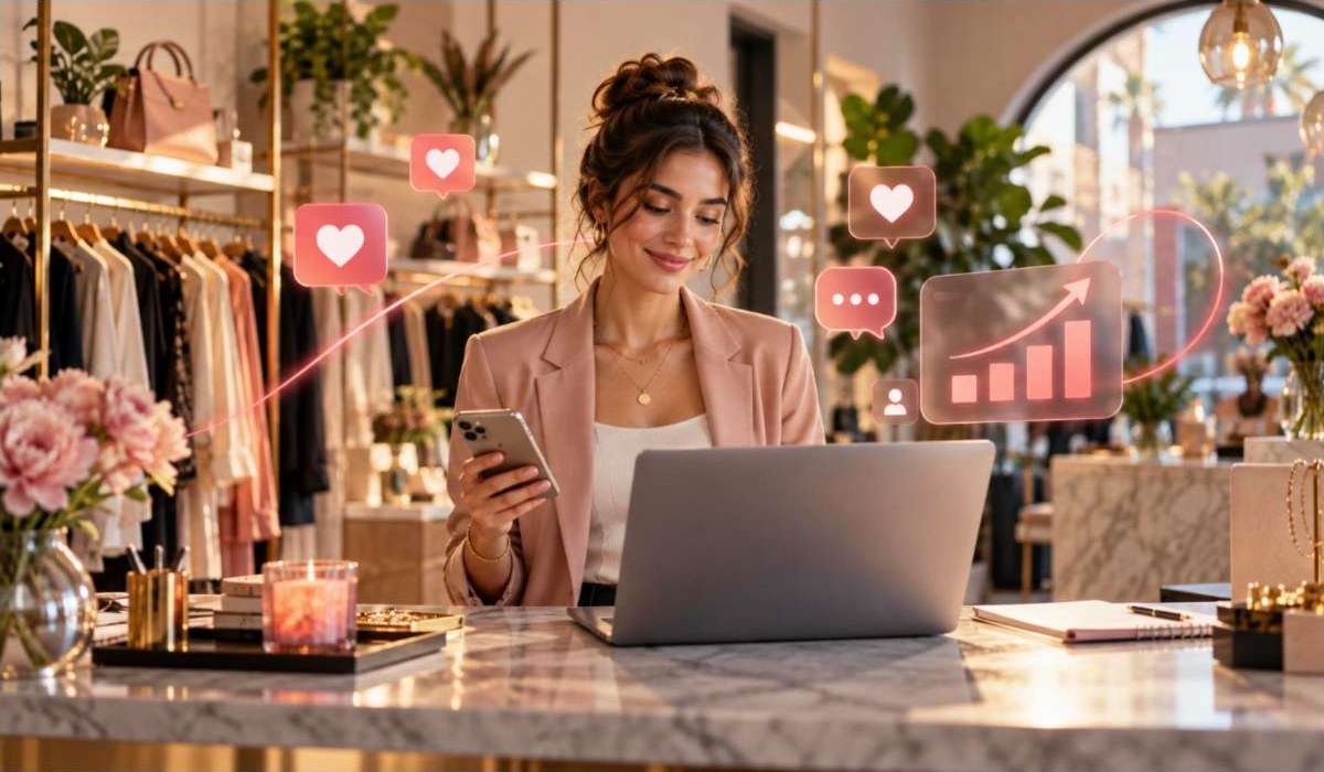 Digital Marketing Fundamentals course - boutique owner reviewing online marketing results
