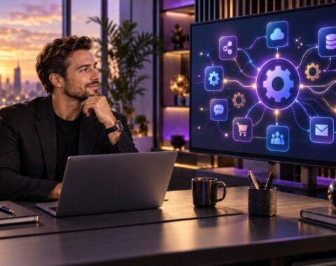 Automate Your Business with Make course - entrepreneur viewing an automation workflow