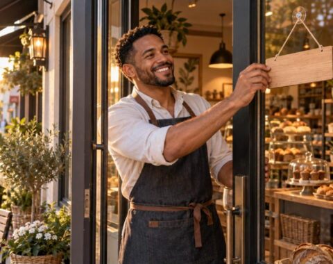 Start a Small Business course - owner opening his new bakery